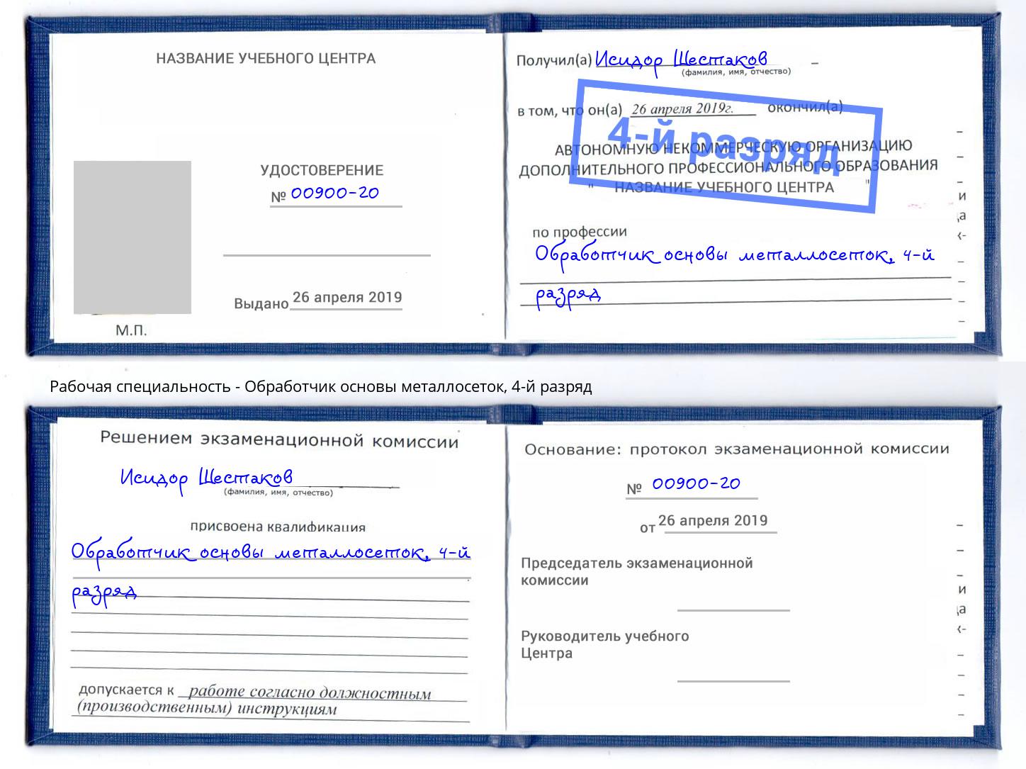 корочка 4-й разряд Обработчик основы металлосеток Братск