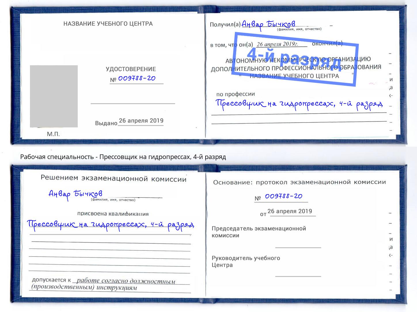 корочка 4-й разряд Прессовщик на гидропрессах Братск