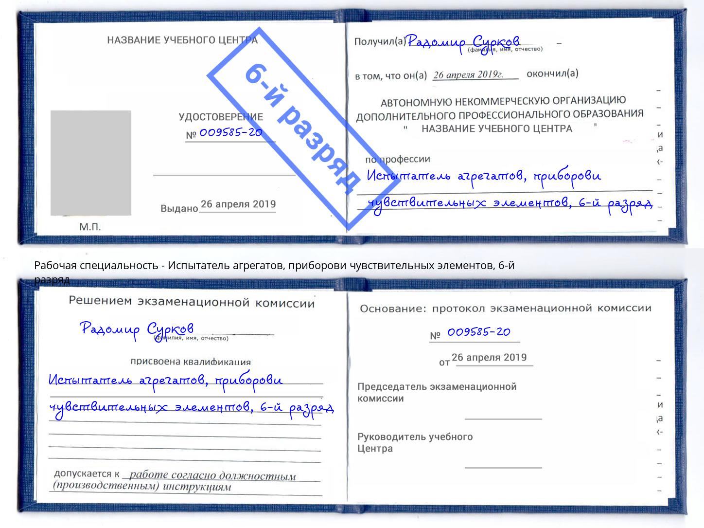 корочка 6-й разряд Испытатель агрегатов, приборови чувствительных элементов Братск