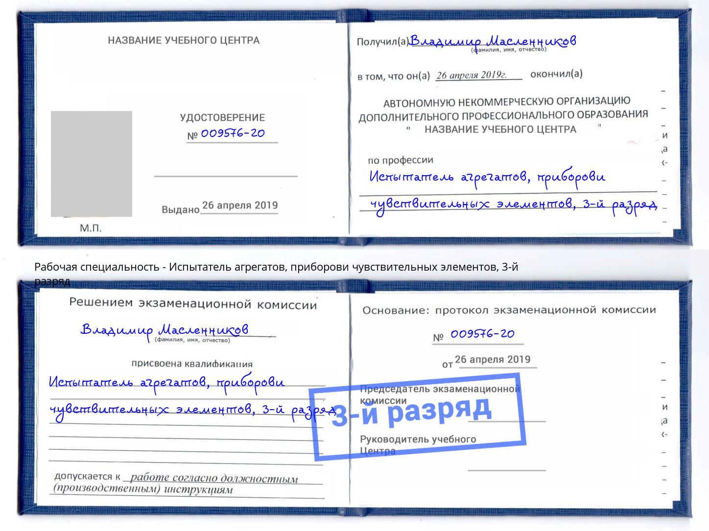 корочка 3-й разряд Испытатель агрегатов, приборови чувствительных элементов Братск