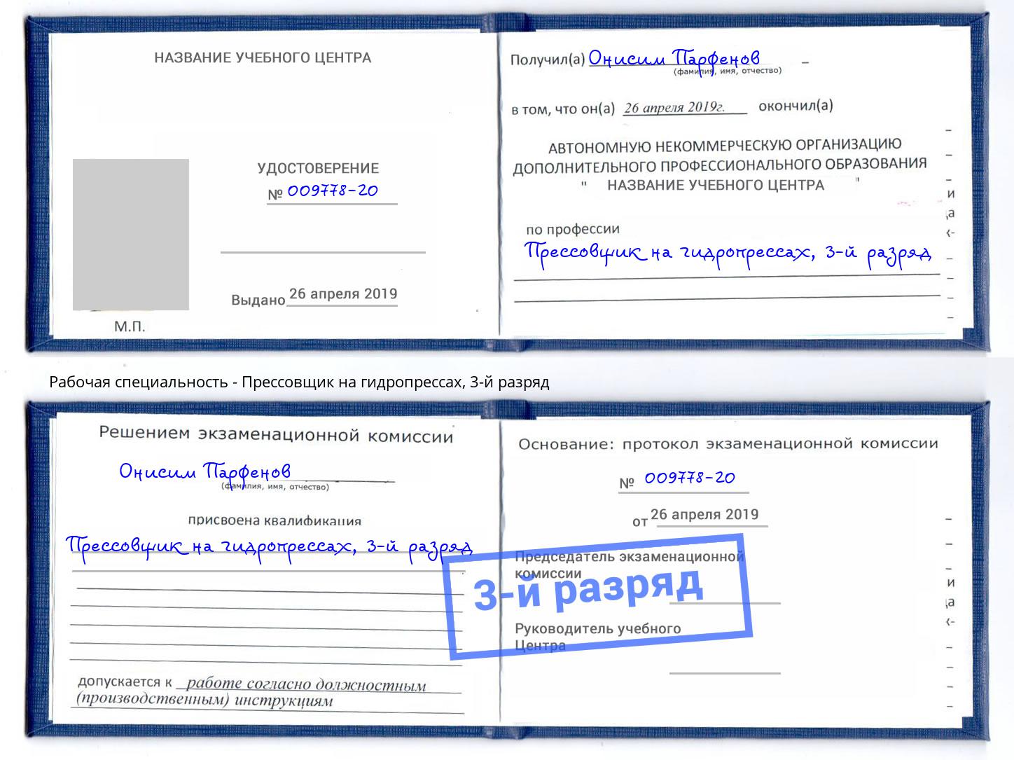 корочка 3-й разряд Прессовщик на гидропрессах Братск