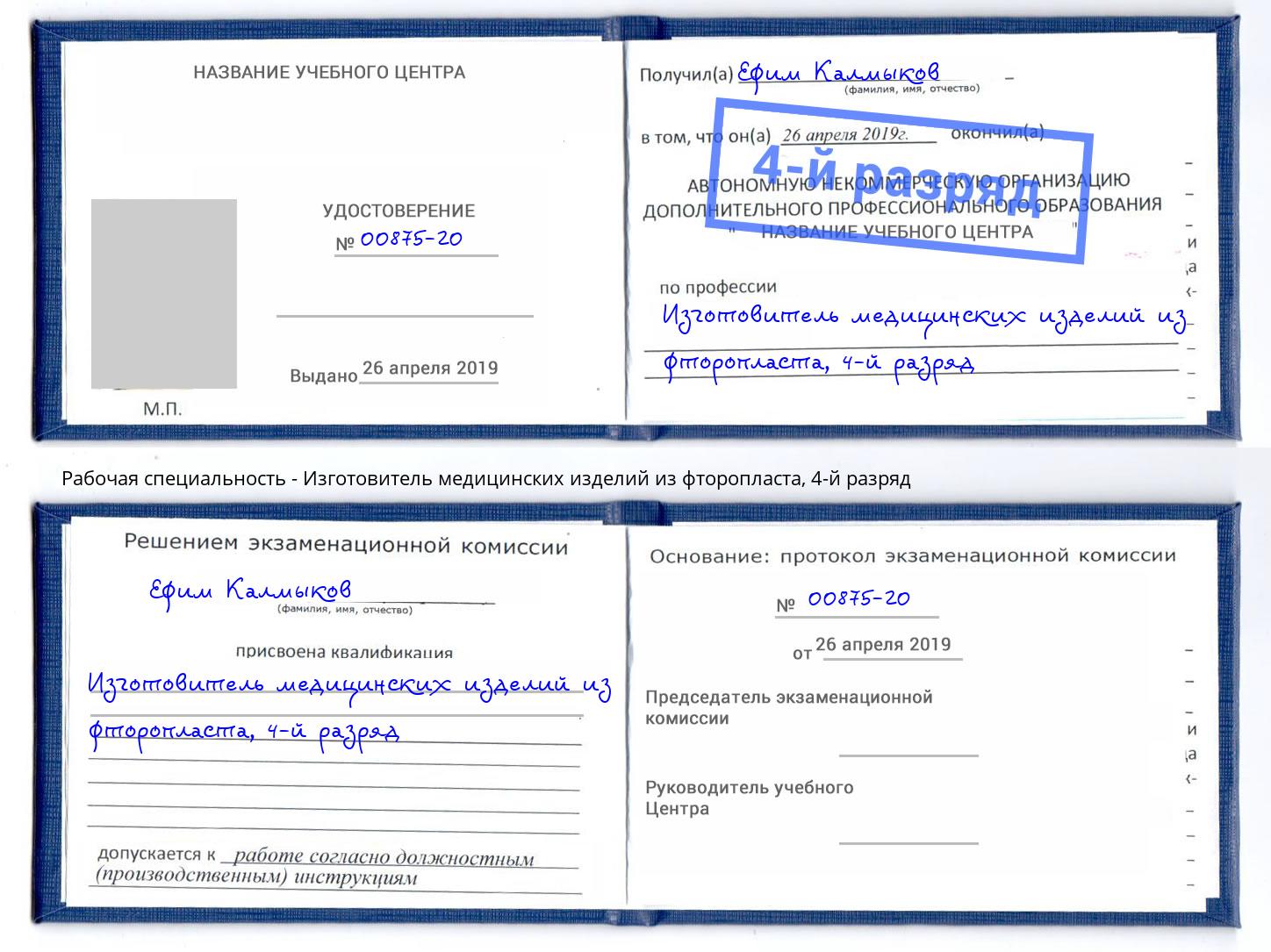 корочка 4-й разряд Изготовитель медицинских изделий из фторопласта Братск