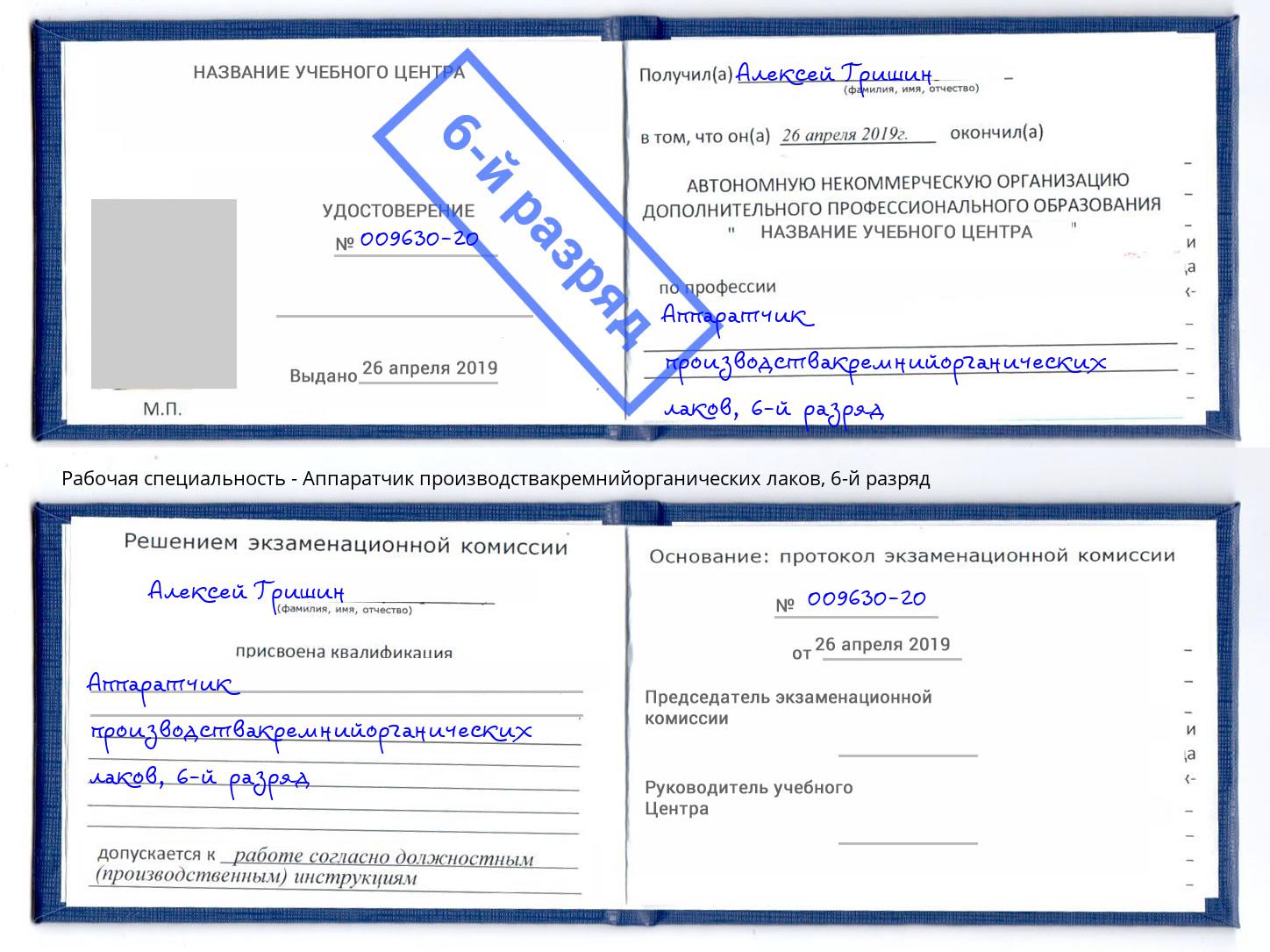 корочка 6-й разряд Аппаратчик производствакремнийорганических лаков Братск