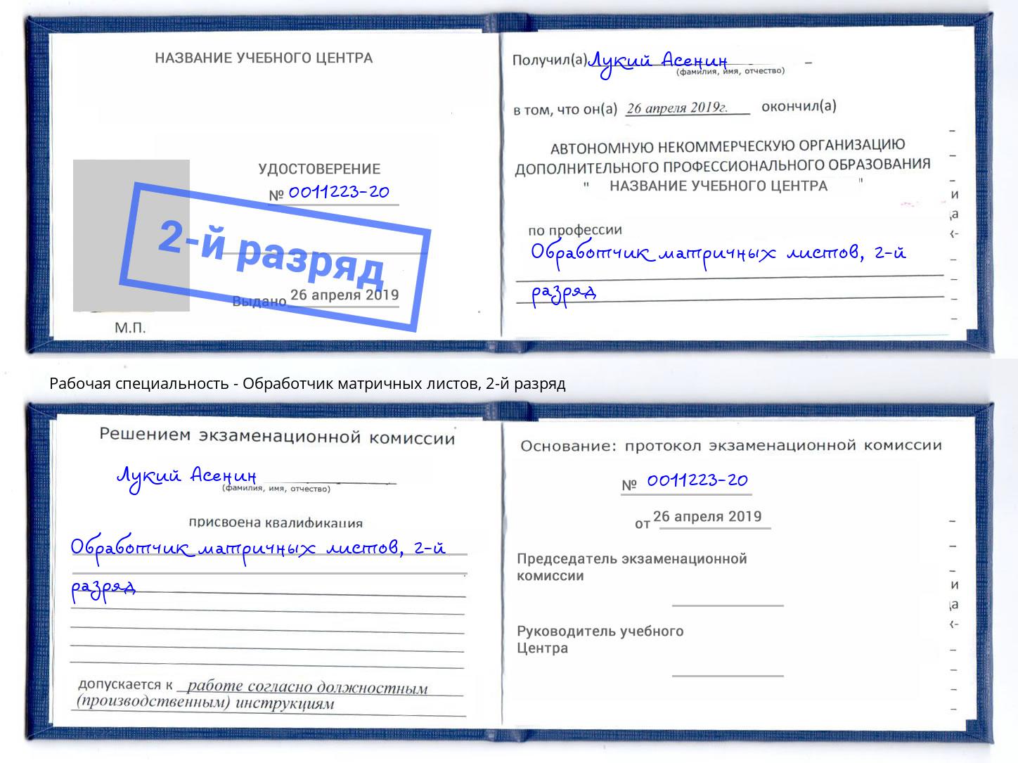 корочка 2-й разряд Обработчик матричных листов Братск